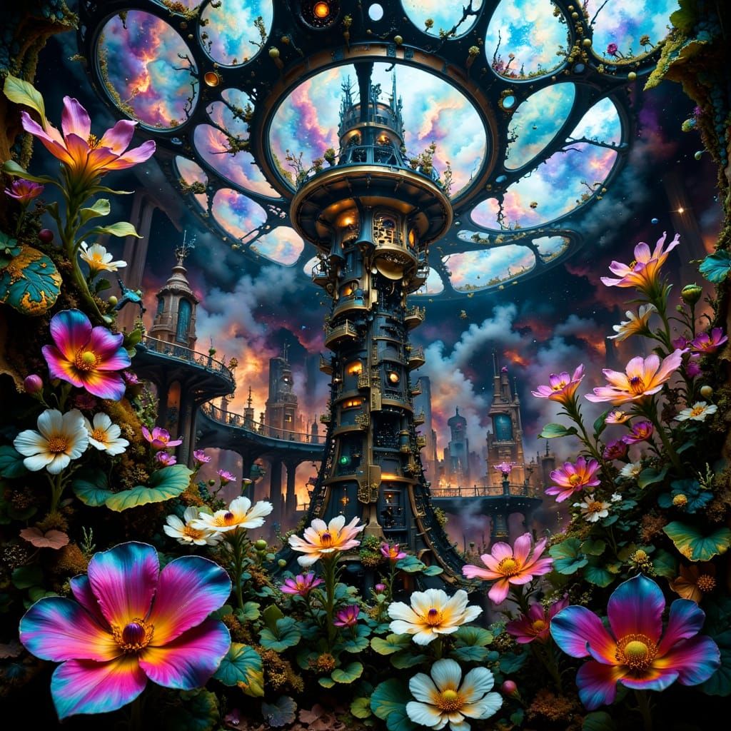 <lora:hyperkraximalismus:1.0> Biomechanical ultra futurism. Wide-angle shot. An ultra-futuristic greenhouse with ultra-r...