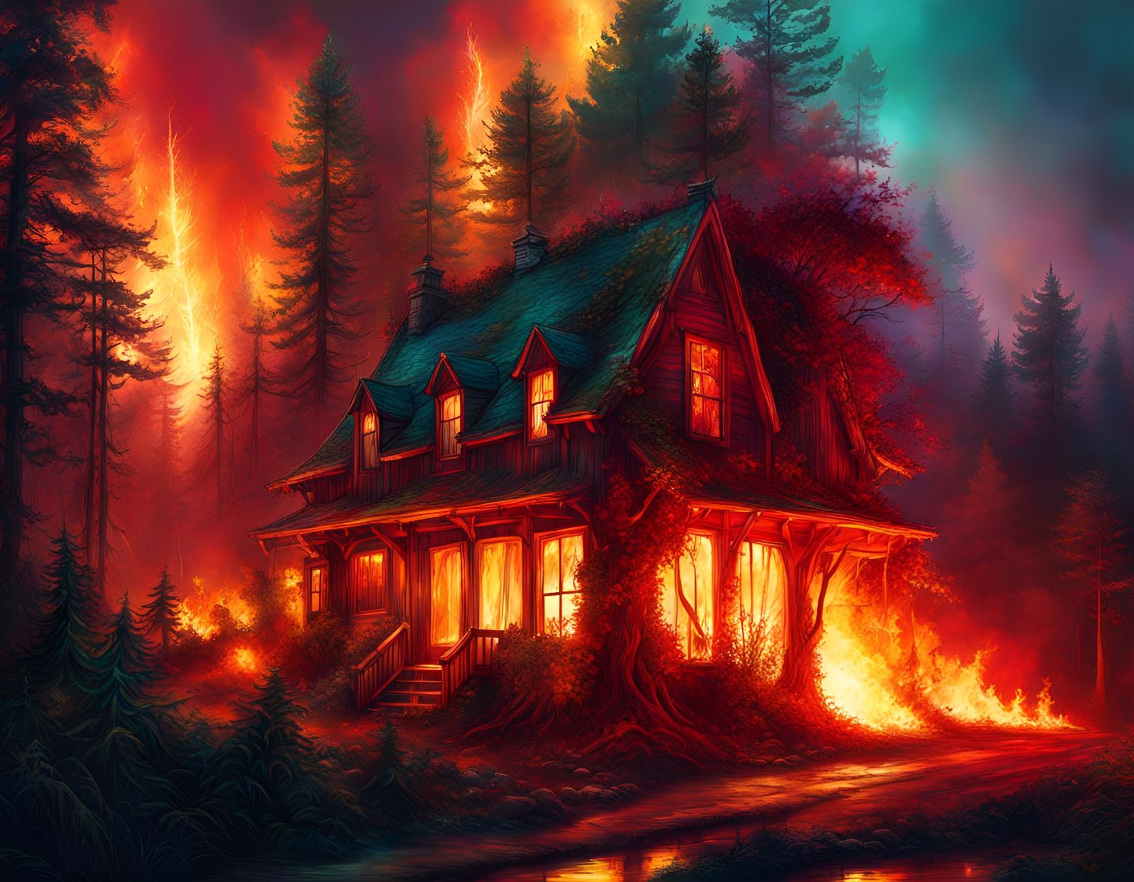 Forest Fire at Fire Station: Dystopian Digital Illustration