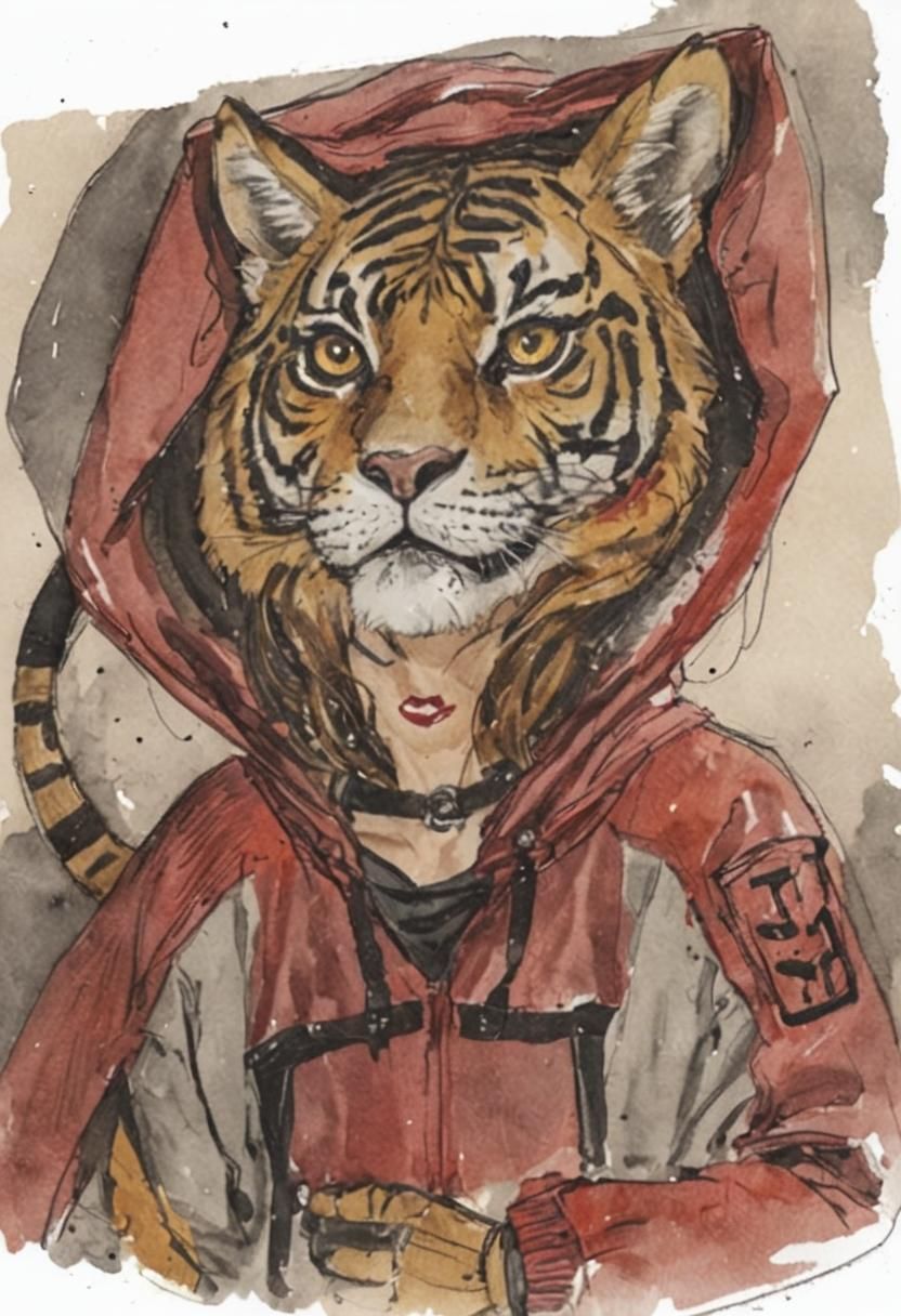 Anthropomorphic Tigress in Red Hood and Pants