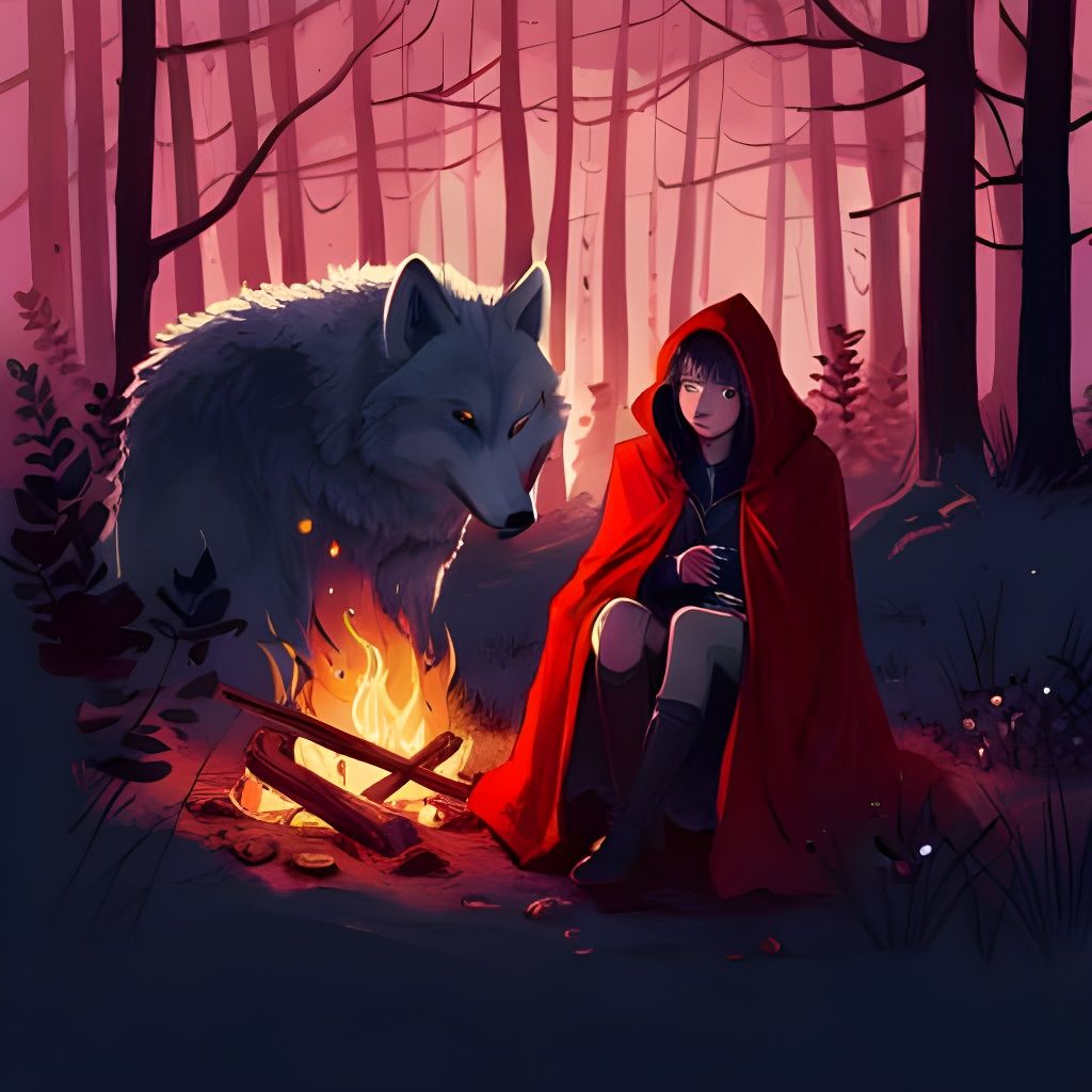 Girl in Red Cloak with Wolf by Campfire
