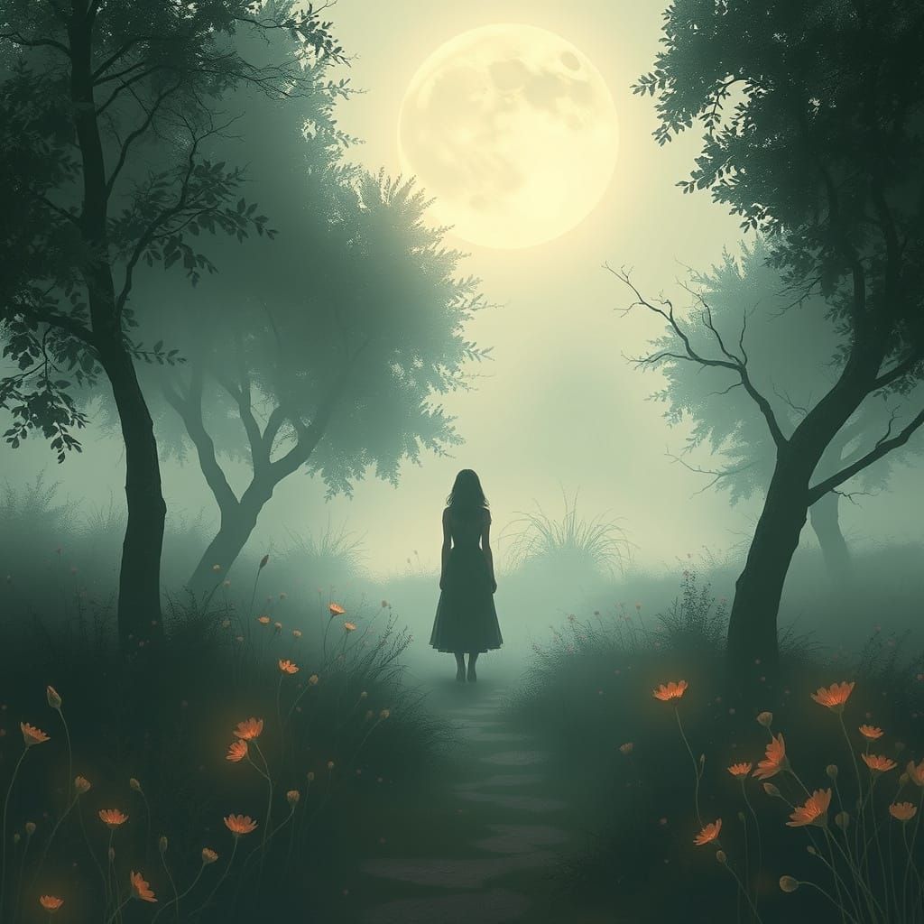 Ethereal Figure in Moonlit Garden, with Whispering Trees and...