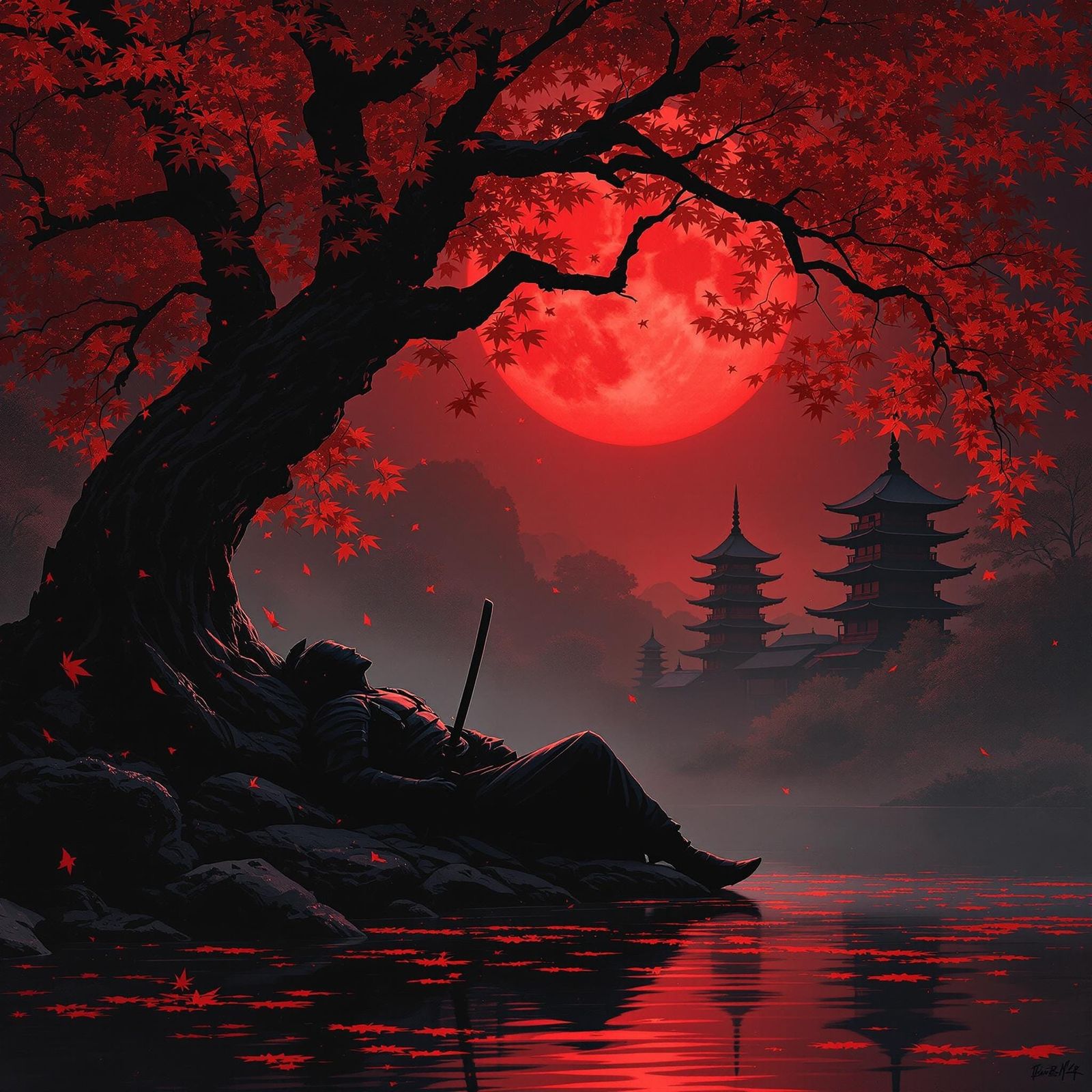 Samurai Warrior Under Crimson Moonlit Japanese Maple