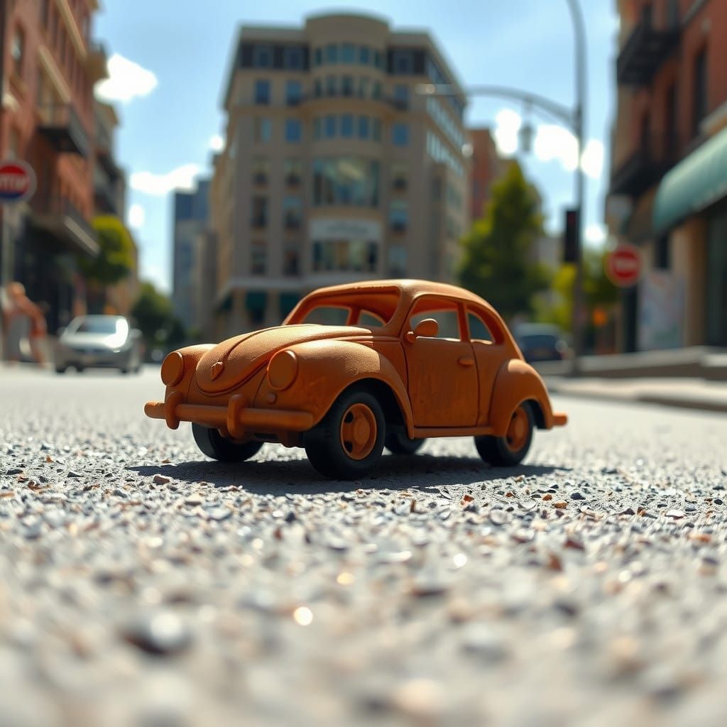 Surreal Clay Car Sculpture in Terracotta on a Sunny Urban St...