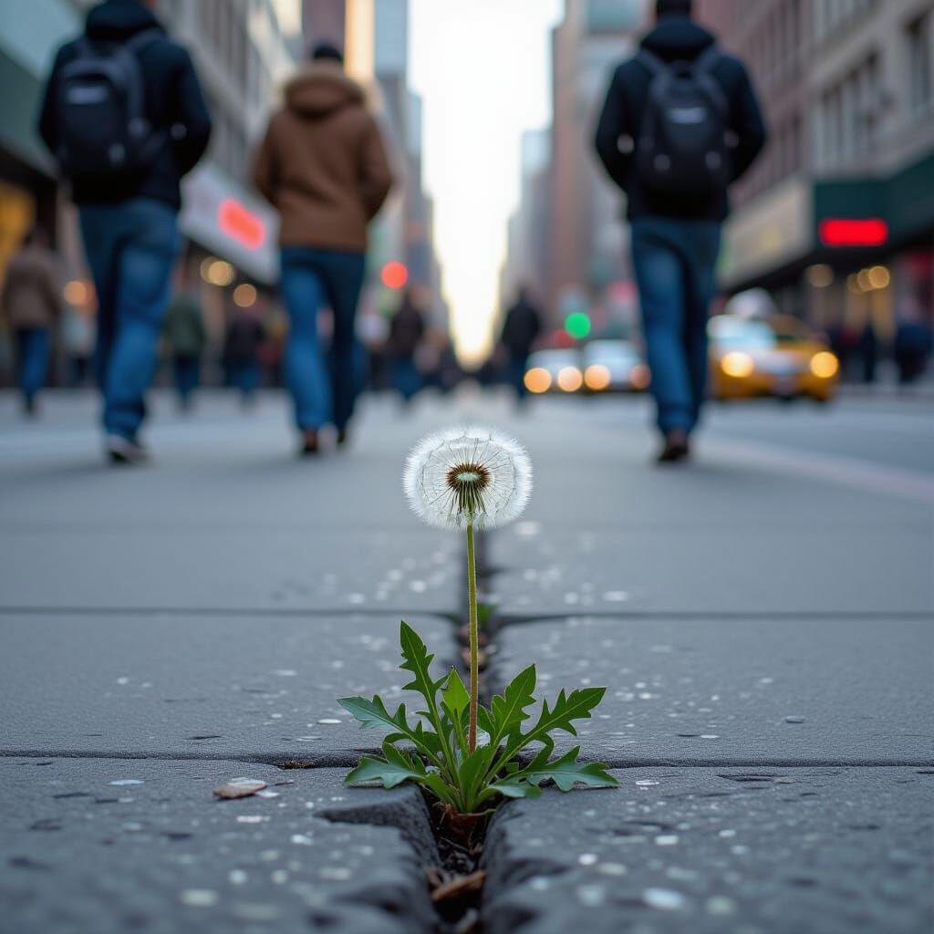Dandelion Blooms on City Sidewalk: Hyper-Realistic Image