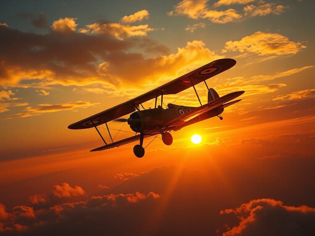 Vintage Biplane Soaring Through a Golden Sunset Sky