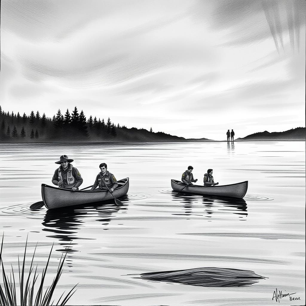 Dramatic Lake Scene at Dusk in Pencil Sketch Style