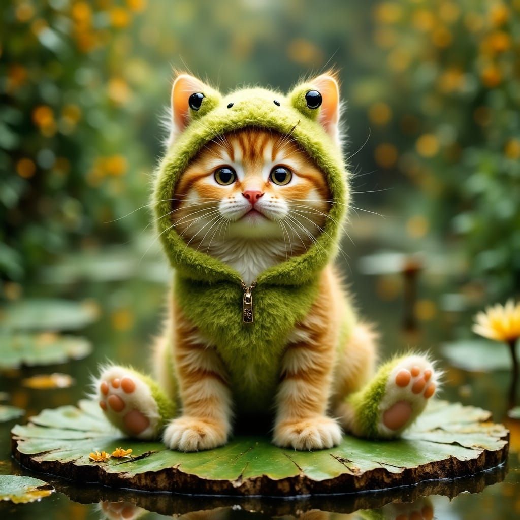 Adorable Kitten in Frog Onesie on a Pond