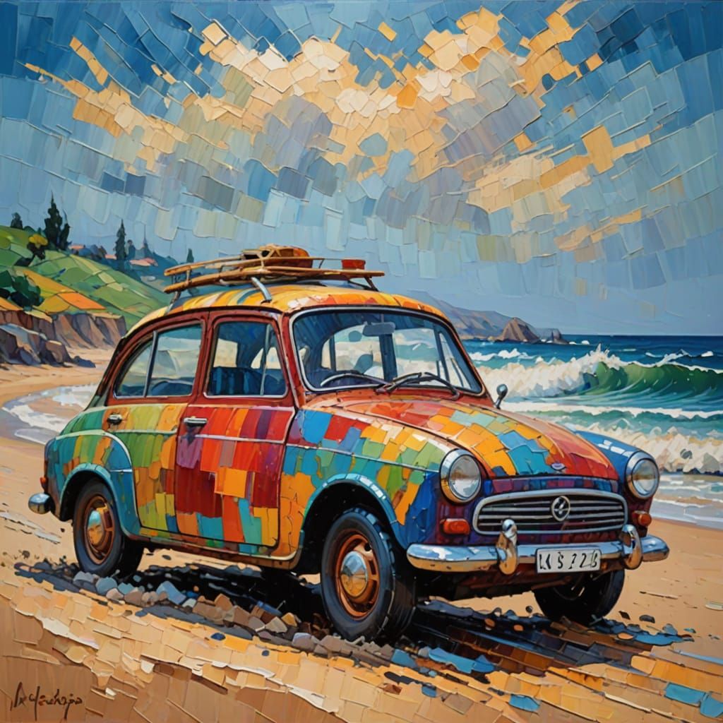 Vibrant Wooden Vehicle Rides the Waves in Neo-Impressionist ...
