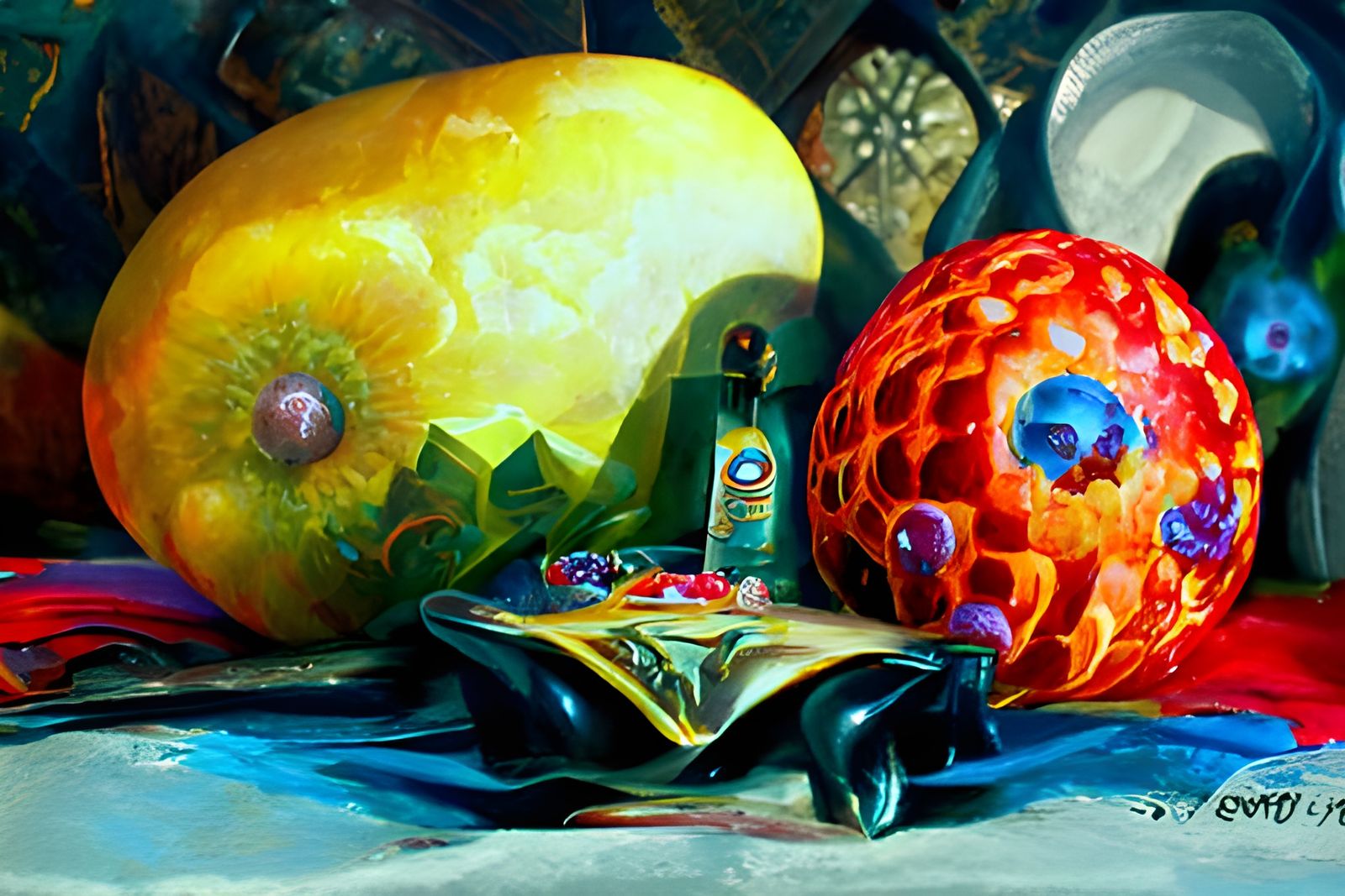 Surreal Still Life with Fruits, Oil Painting Style