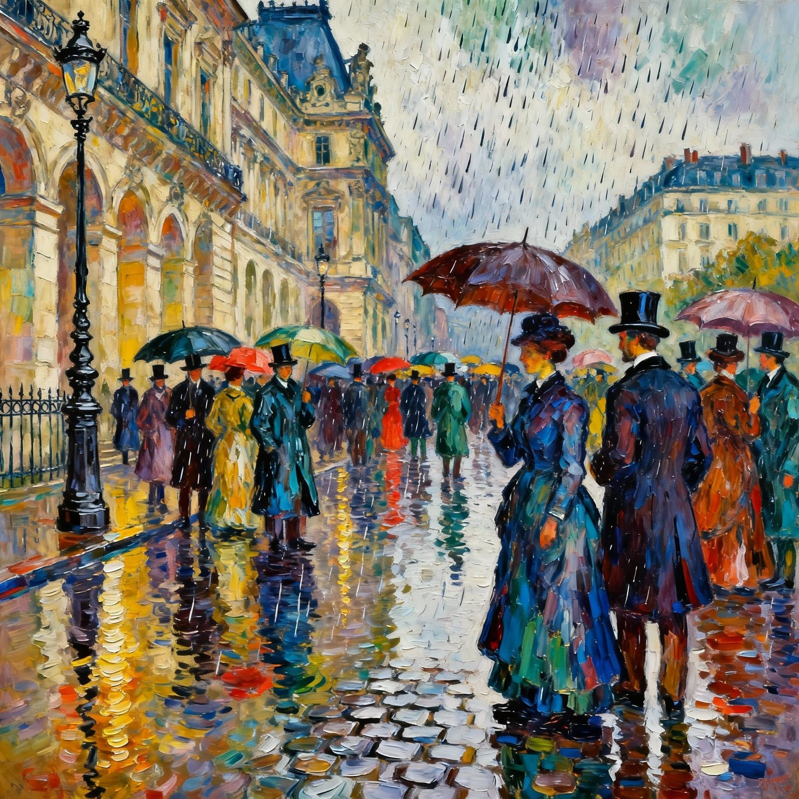 Victorian Street Scene in Neo-Impressionist Style