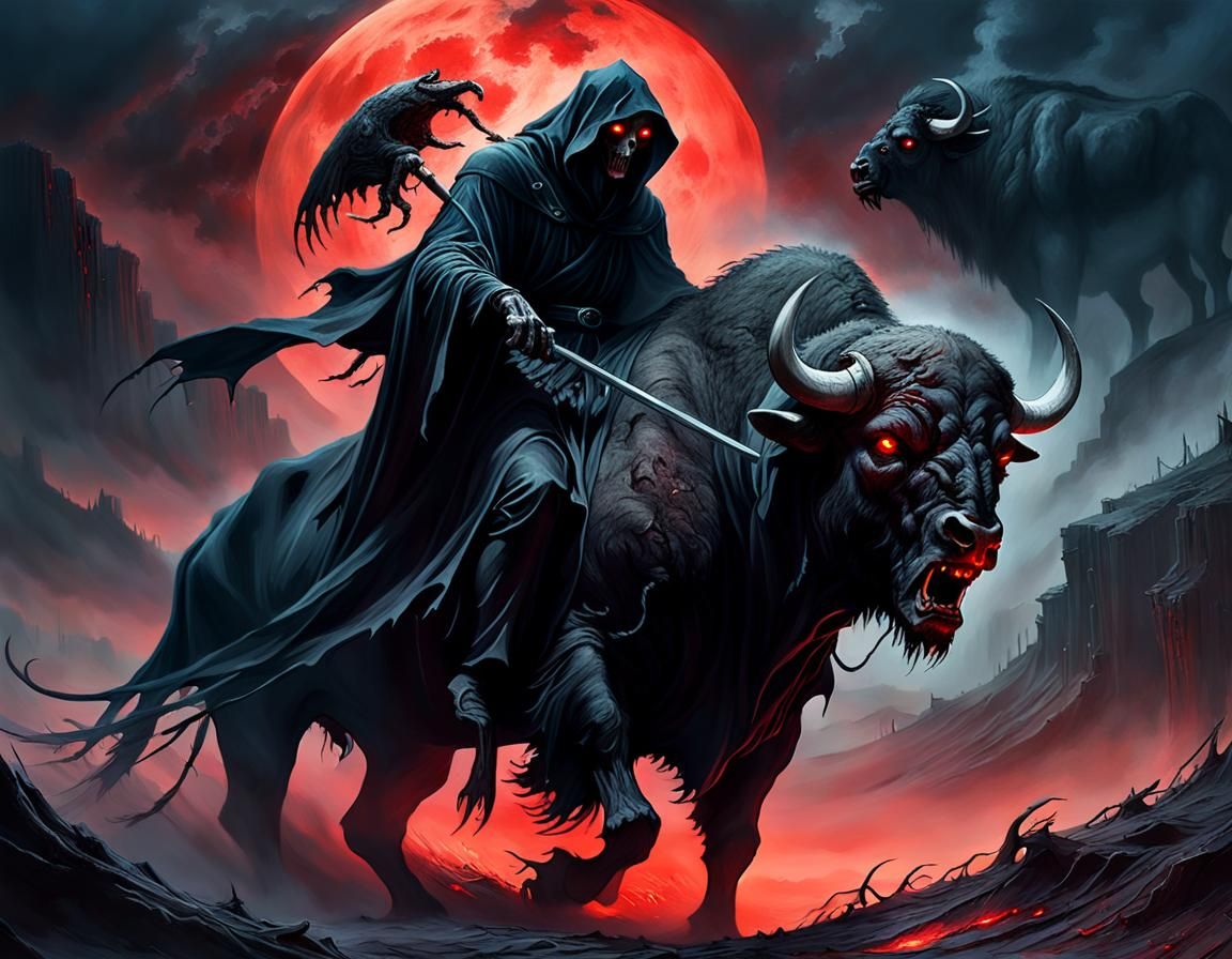 Grim Reaper on Buffalo in Dark Fantasy Art