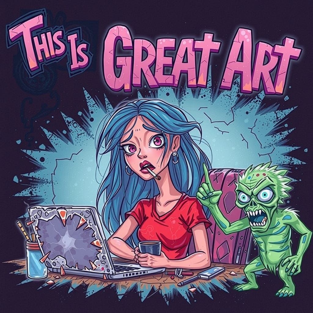 In the style of R. CRUMB, at the top of the canvas floats te...