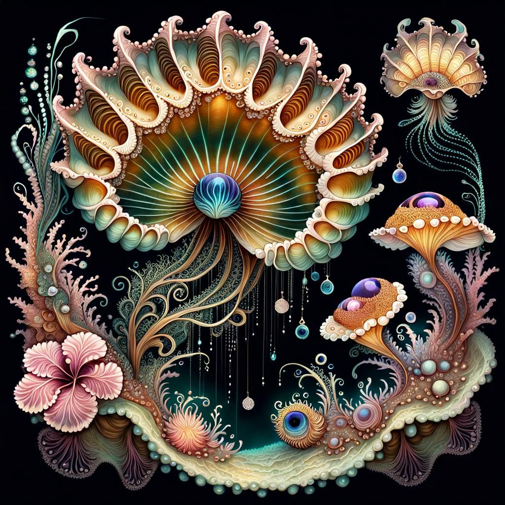 Intricate Bioluminescent Undersea Fractal Garden, Watercolou...