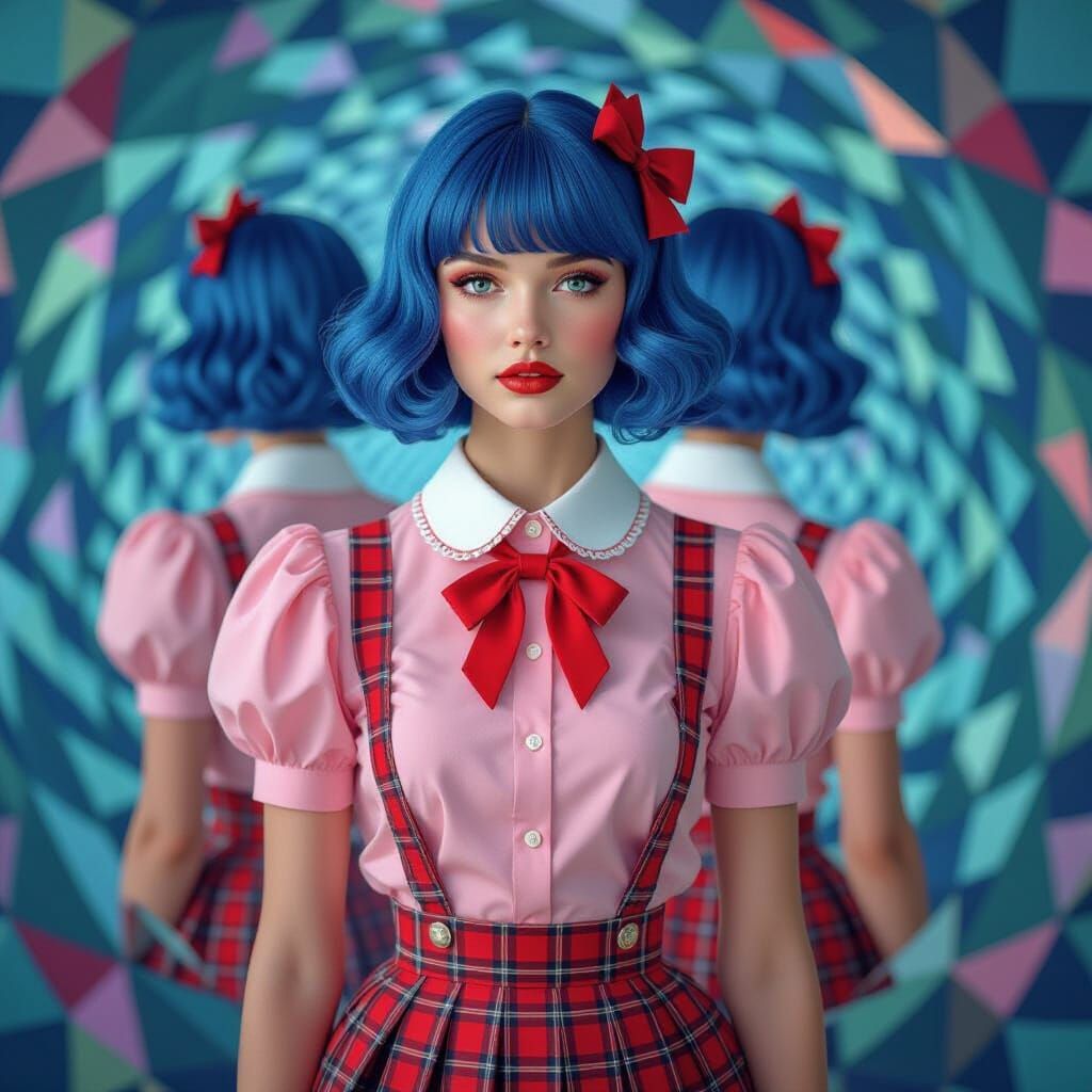 Kaleidoscopic Portrait of Blue-Haired Girl in School Uniform