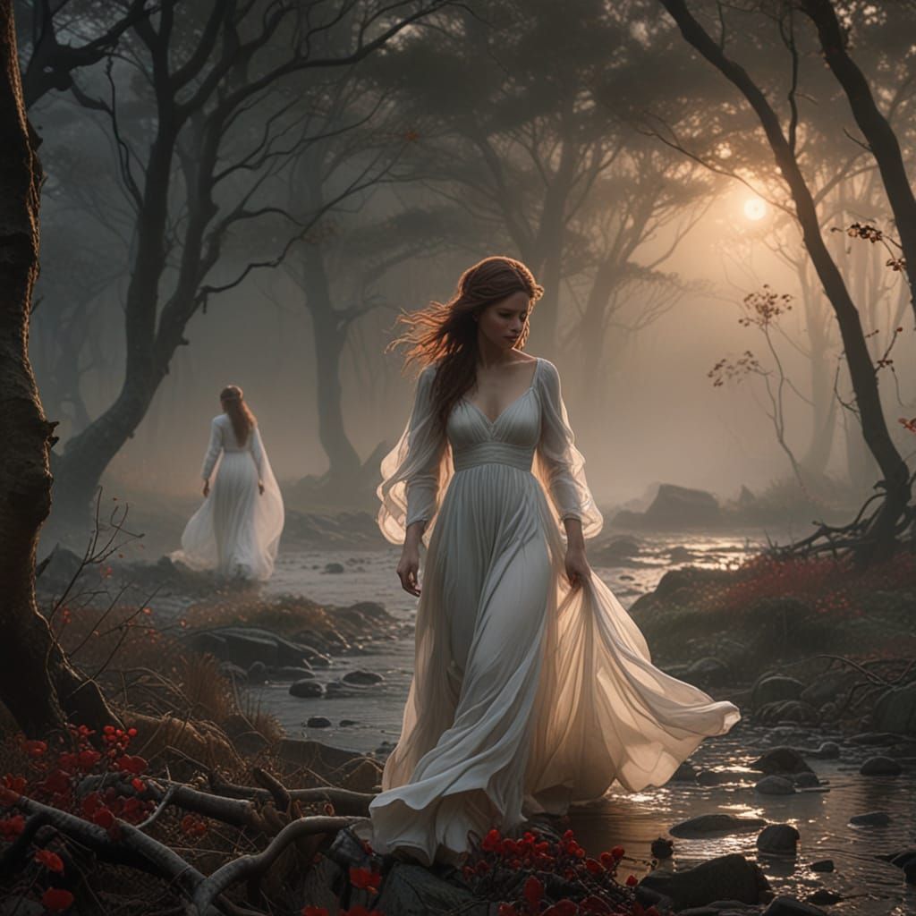 Mysterious Pre-Raphaelite Woman in a Haunting Forest