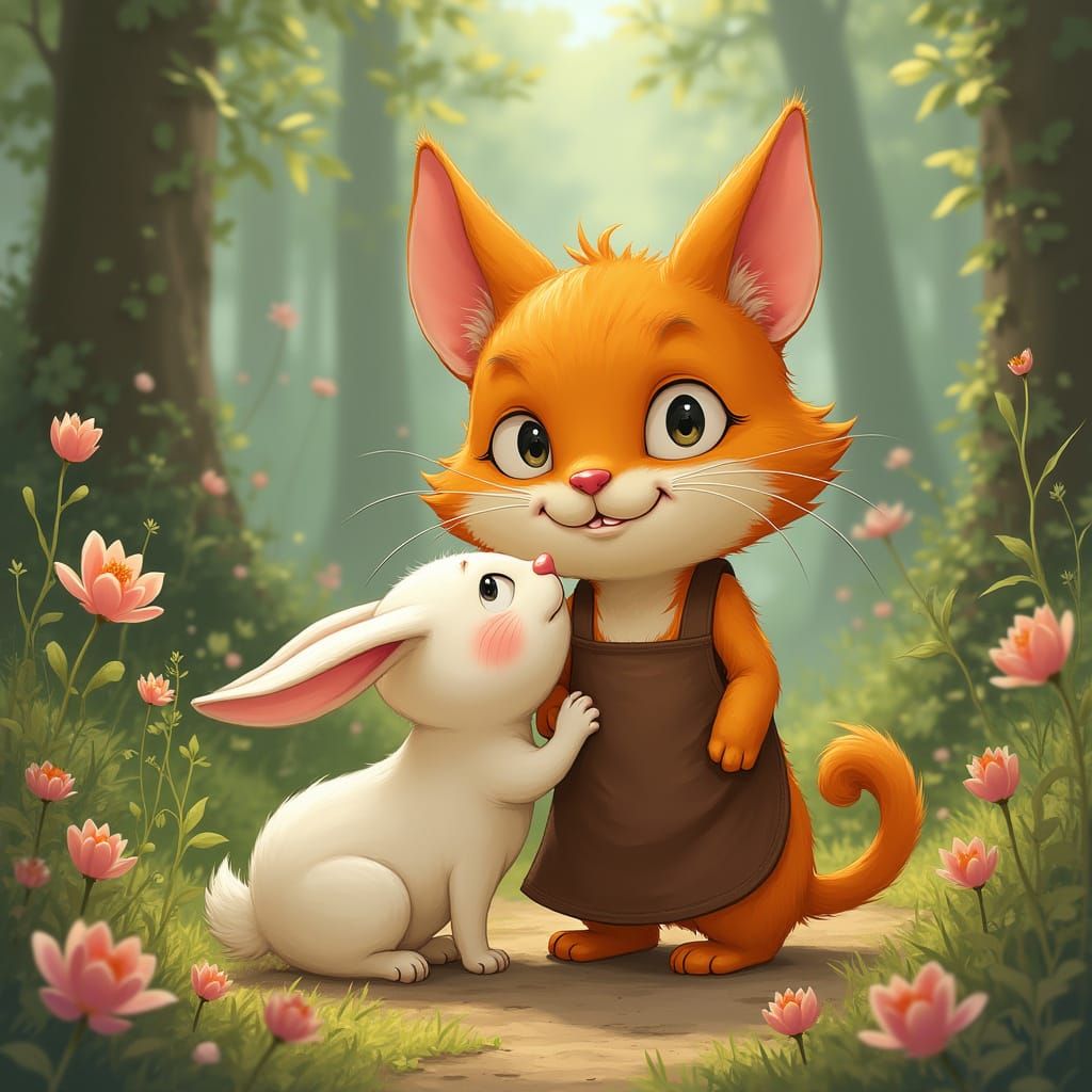 Cat Swallowing Rabbit in Whimsical Miyazaki Style