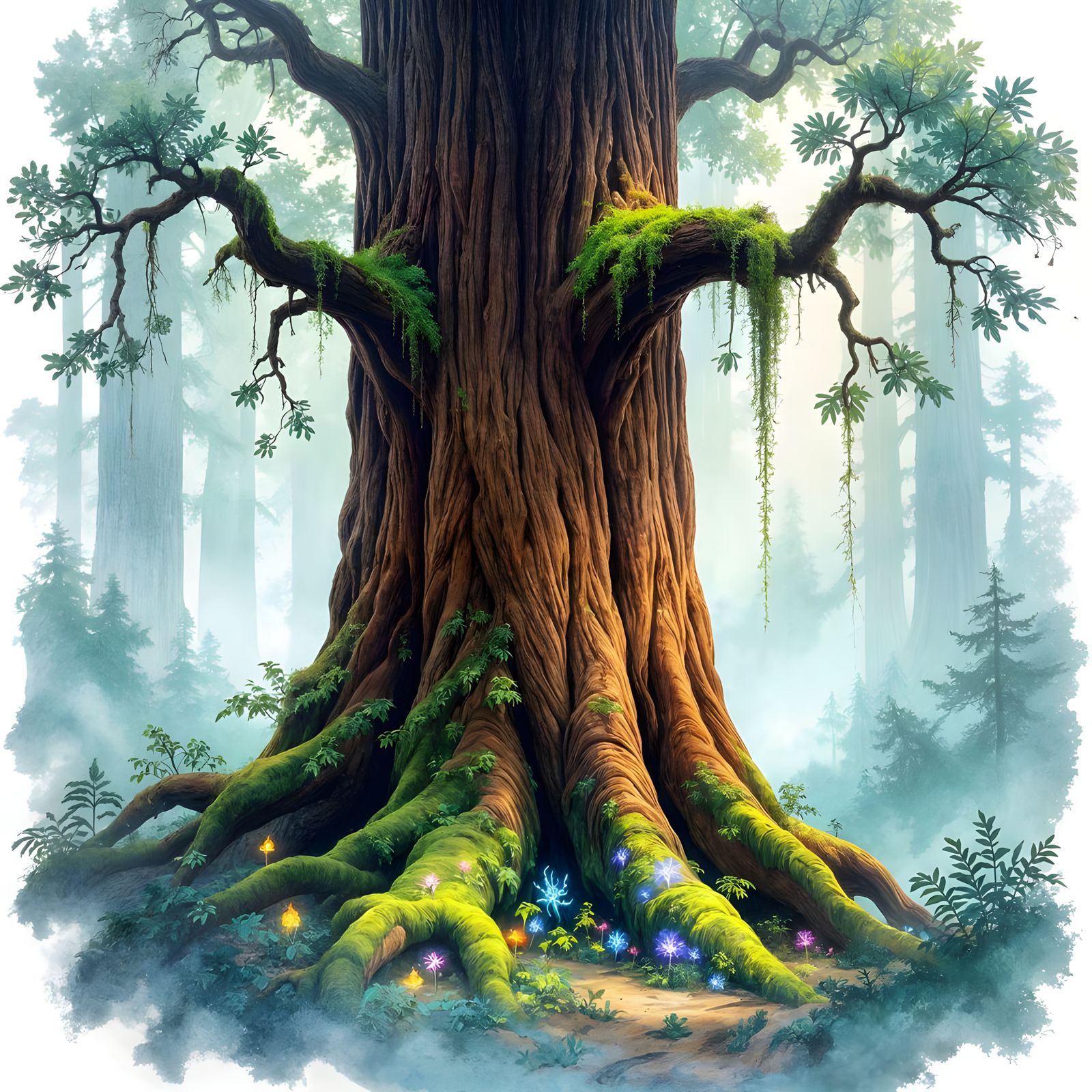 Ethereal Redwood Sentinel in Luminous Watercolor