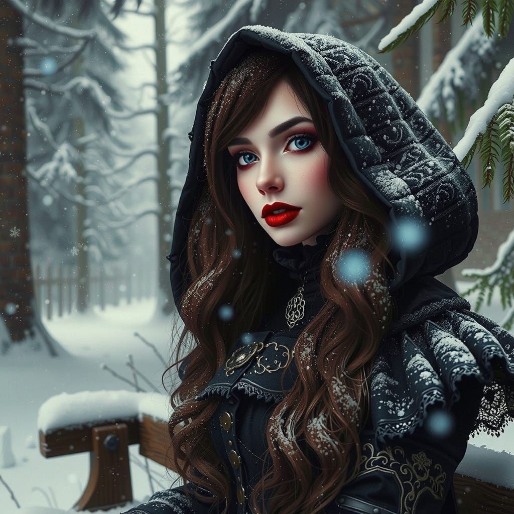 Gothic Snow Maiden Sitting Alone in Winter Park