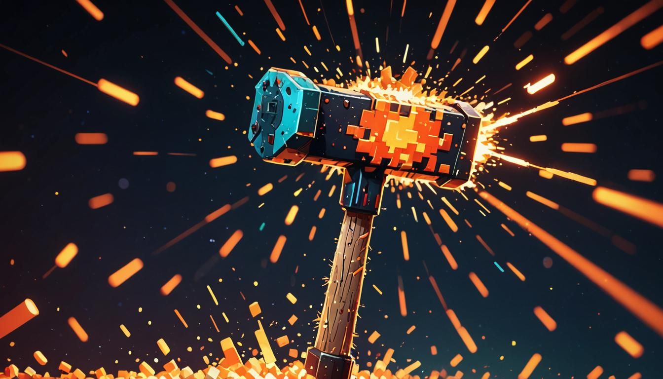 Pixel Art Hammer with Fiery Sparks and Retro Glow