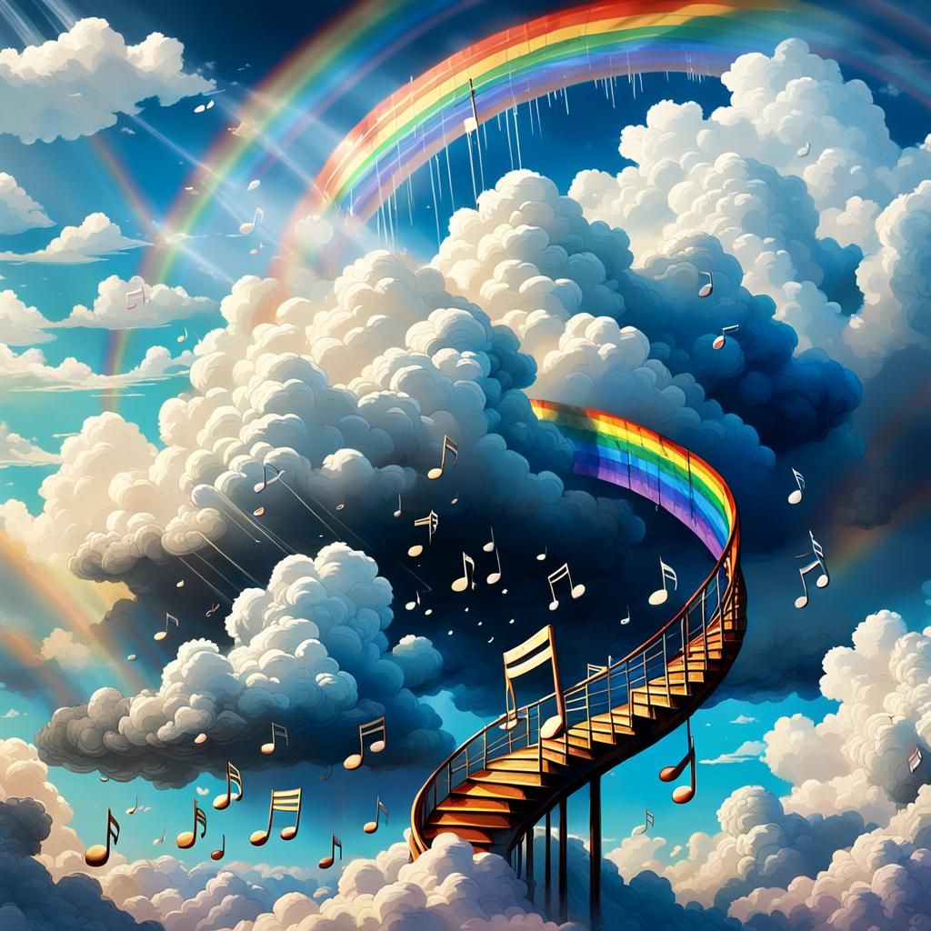 Musical Notes Rainbow and Clouds Digital Painting