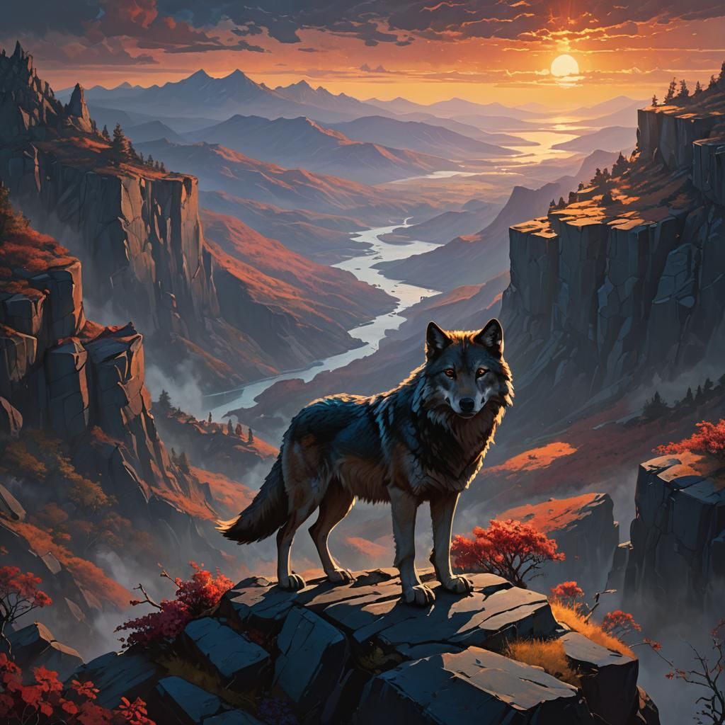 Mystical Wolf Overlooking Fantasy Landscape in Matte Paintin...