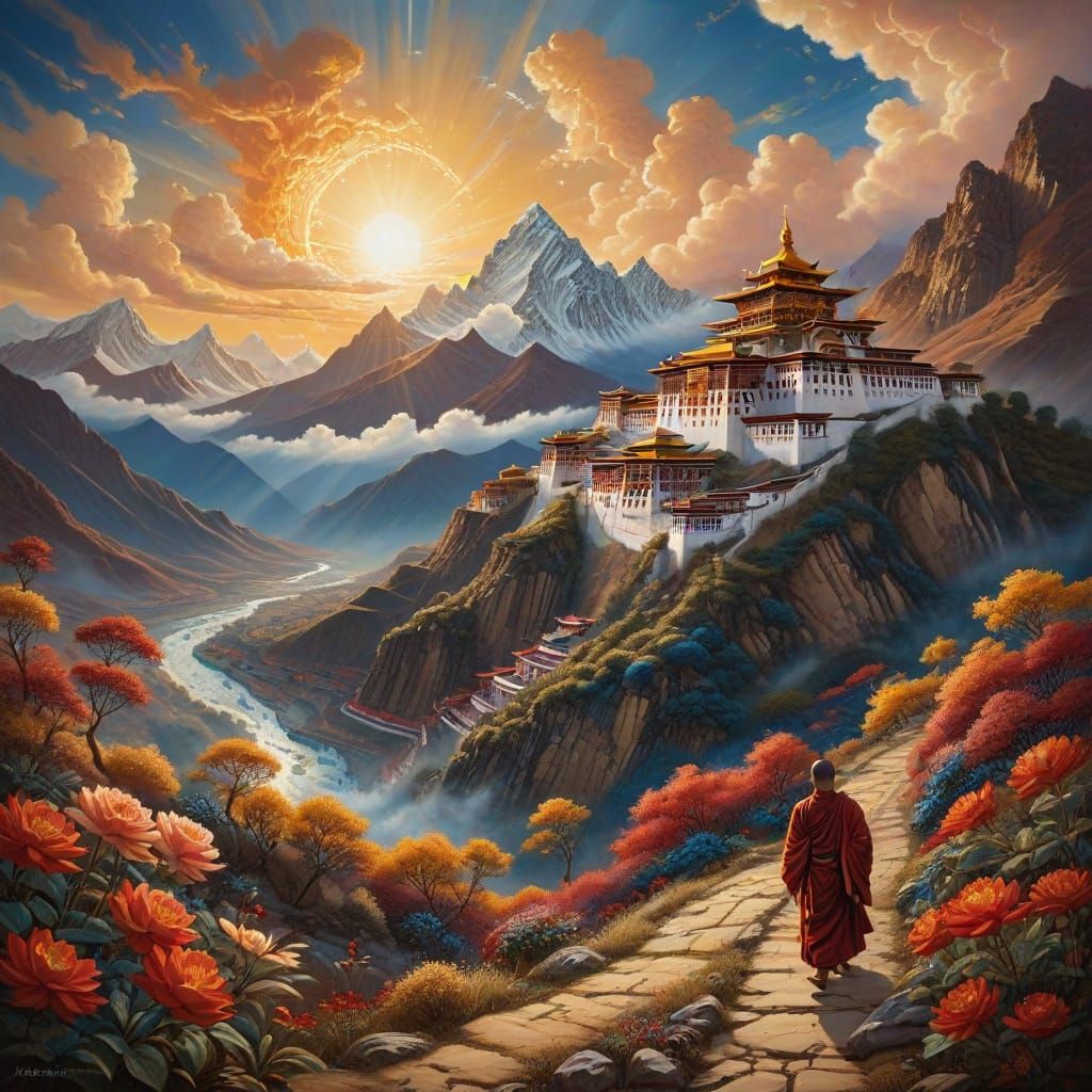 Tibetan Monks Approach Monastery in Lha-zo Painting Style