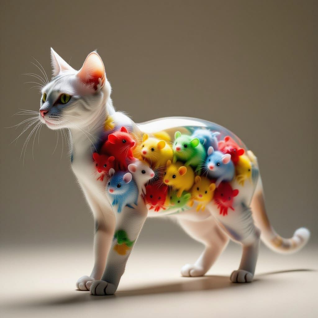 Translucent Cat with Mice Inside, Picasso-Inspired
