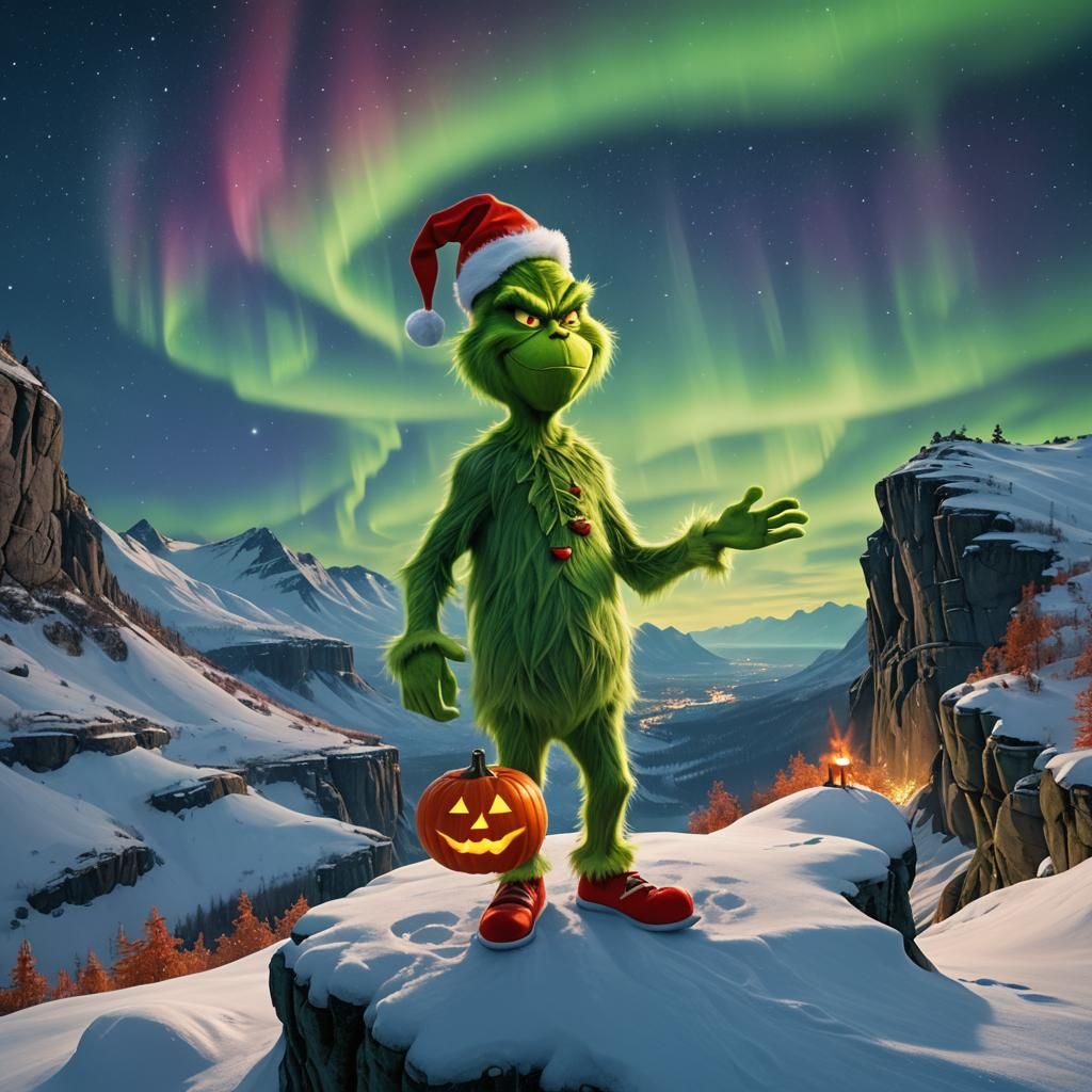 Grinch with Pumpkin Head Under Northern Lights
