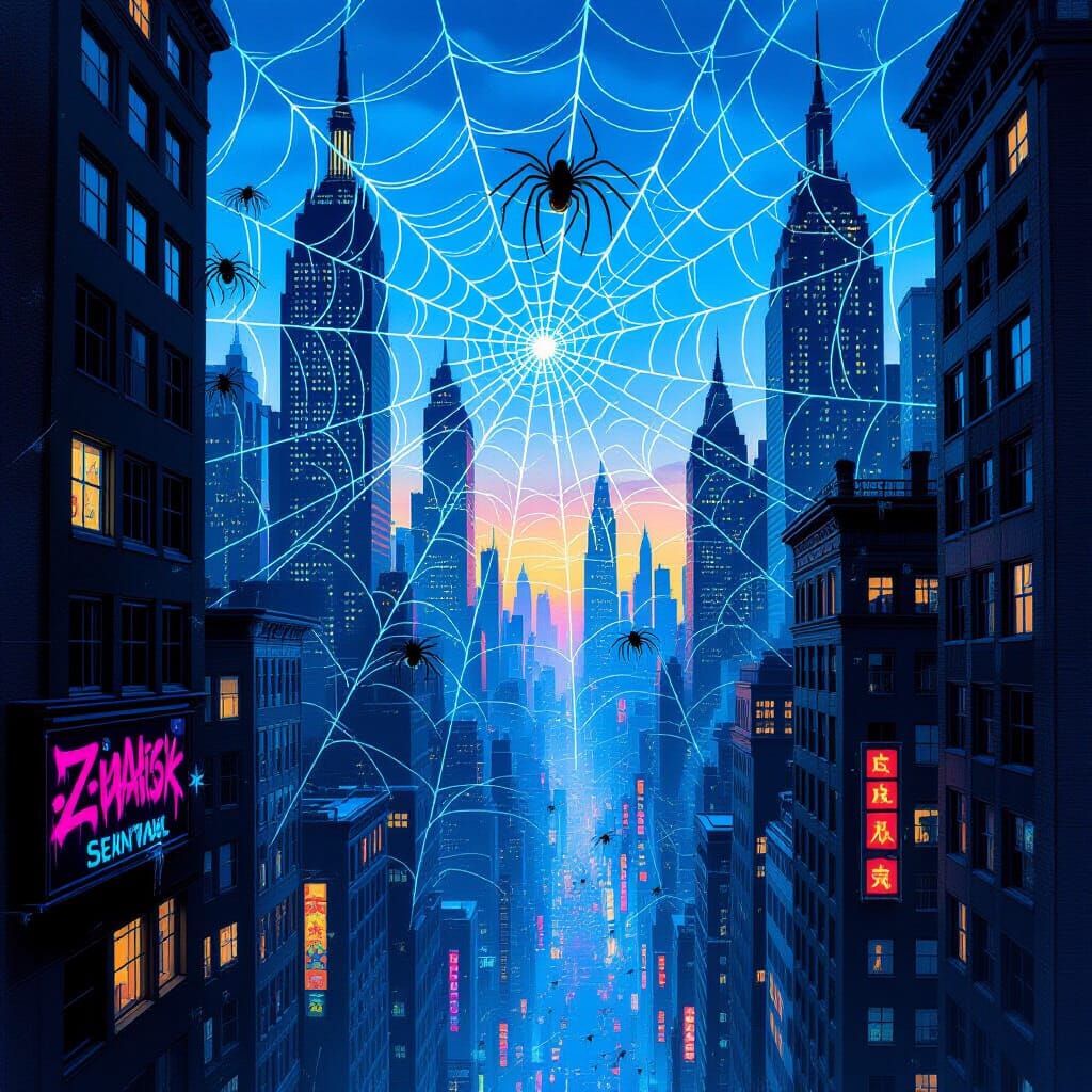 Surreal Spiderweb Cityscape at Twilight
