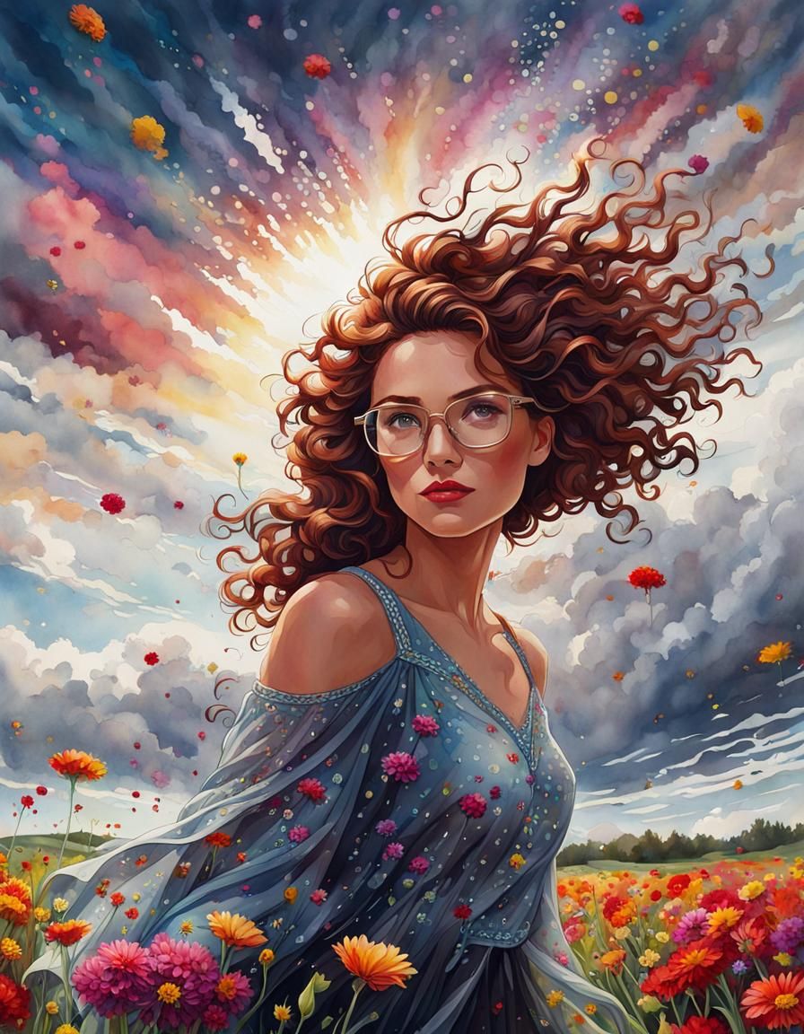Woman with Flowing Hair in Watercolor Flower Field