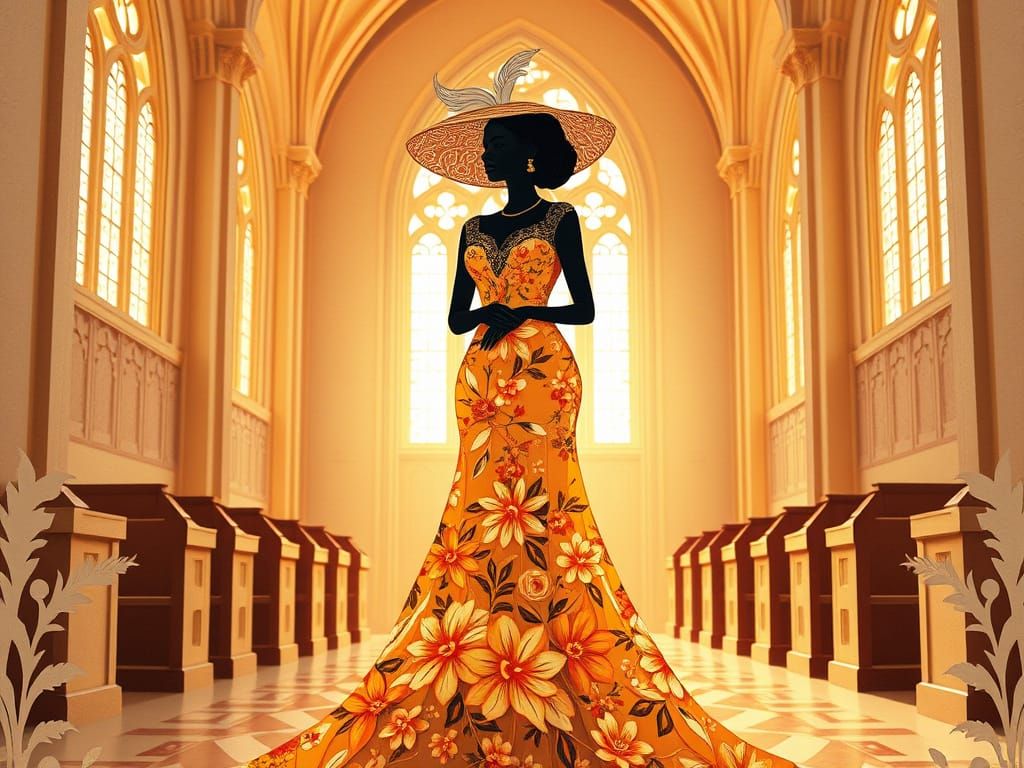 Elegant Black Woman in Floral Dress in Church Interior