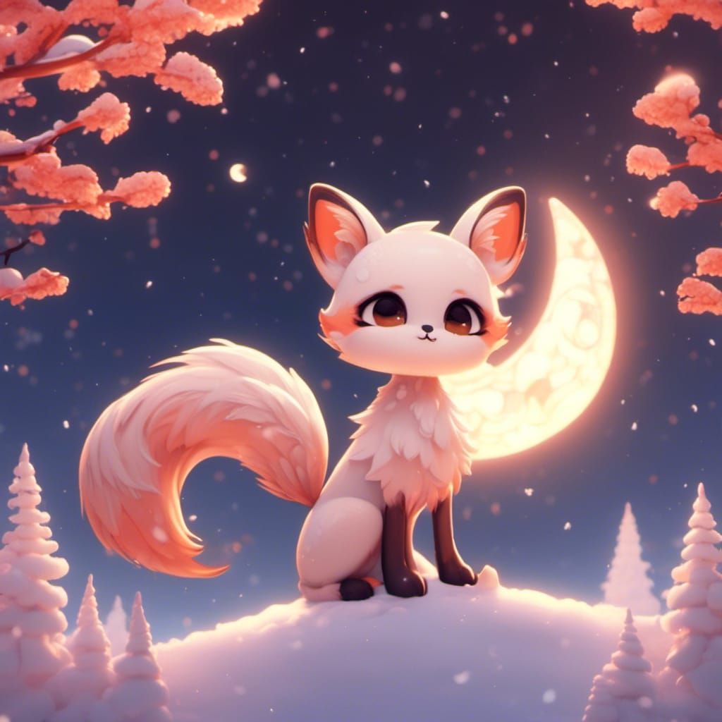 Chibi Cat-Fox Hybrid with Moon, Digital Art