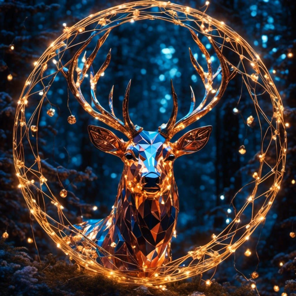 Geometric Stag with Fairy Lights in Digital Art Style