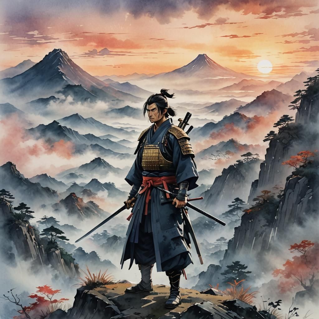 Heroic Samurai with Katana at Sunrise, Anime Art