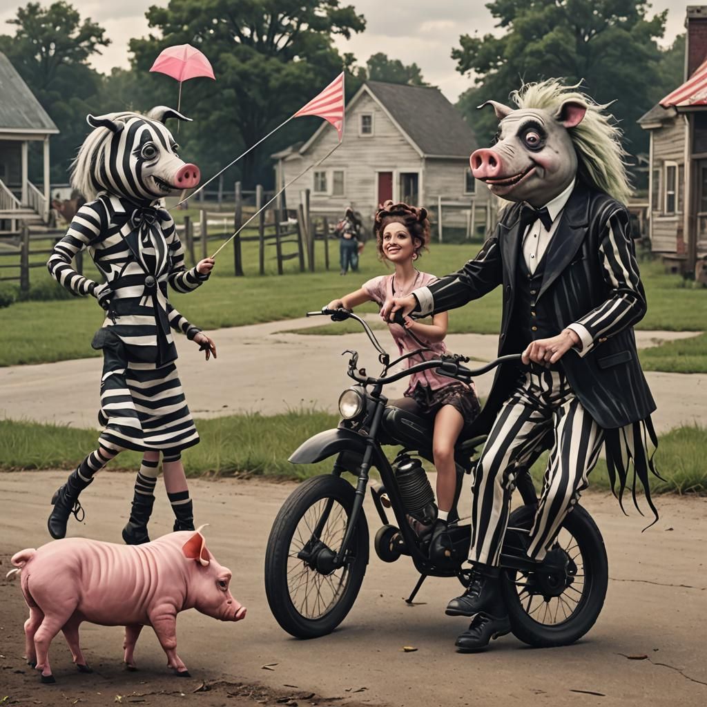 Girl Biker and Beetlejuice Meet Flying Pig