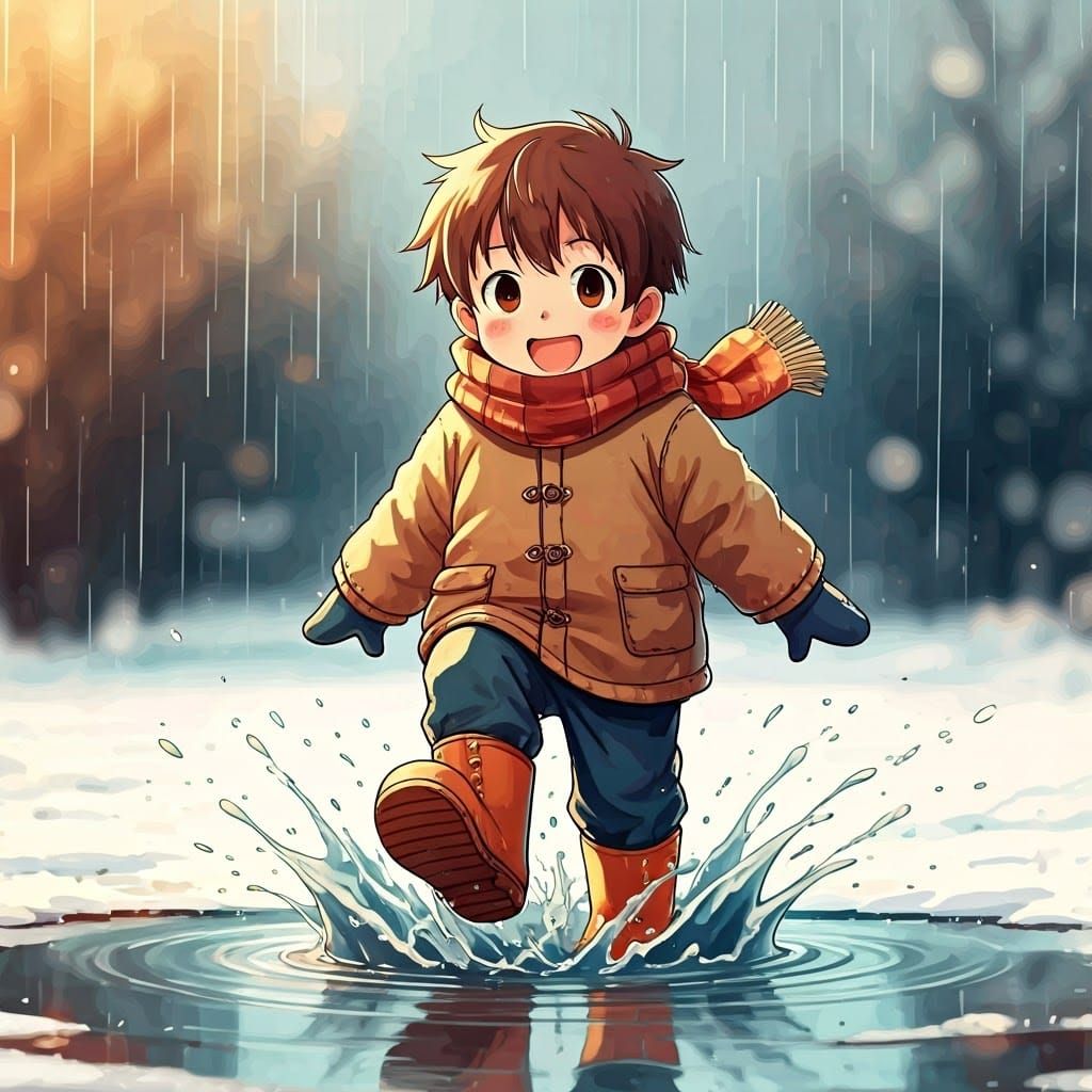 Joyful Boy Splashing on a Rainy Winter Day