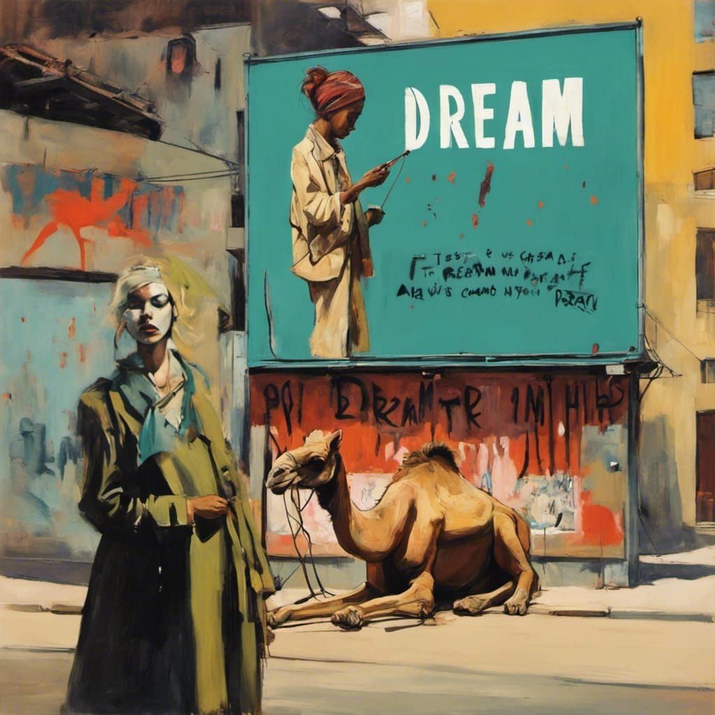 Surreal Dreamscape with Camel, Gouache Illustration