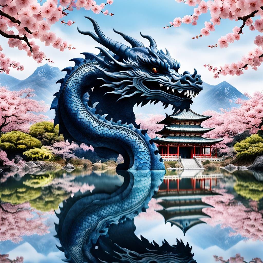Surreal Dragon Silhouette with Japanese Temple Landscape