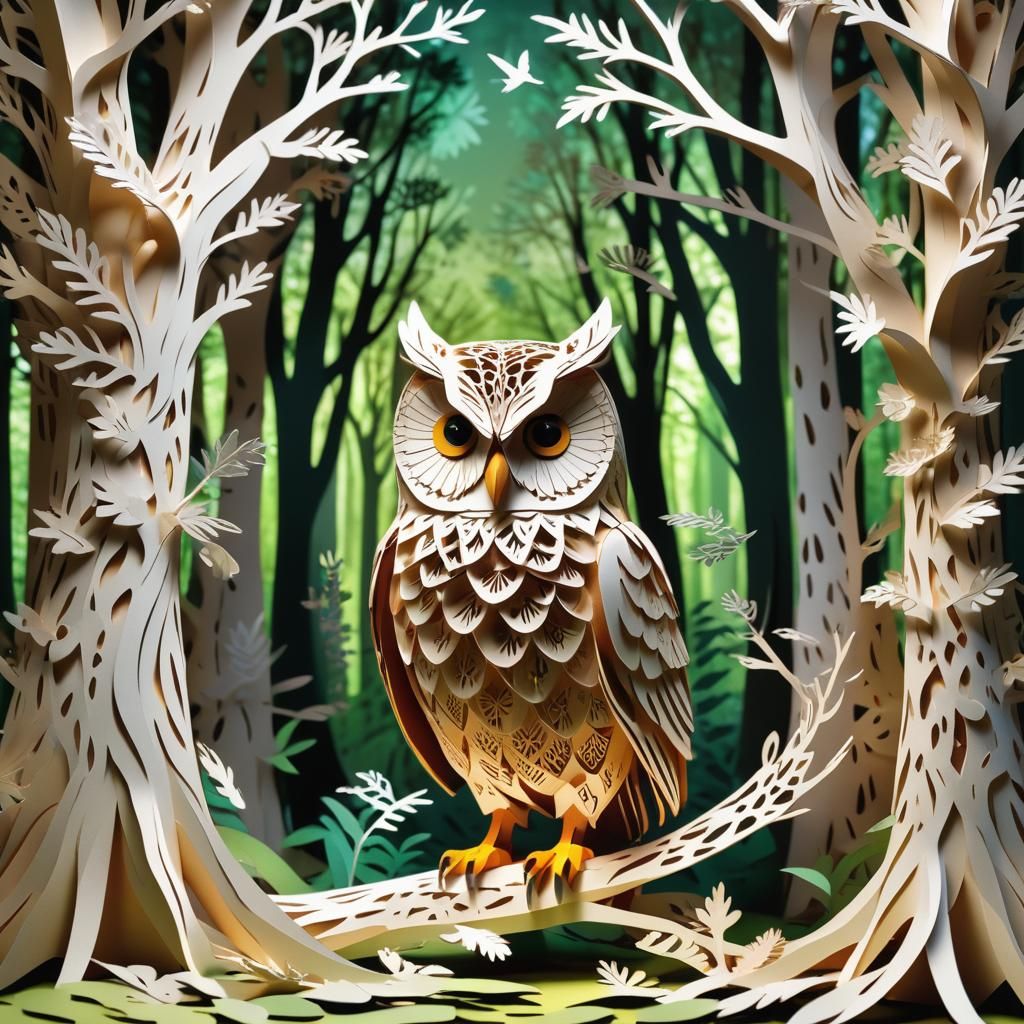 Kirigami Illustration of Meneer de Uil in Forest