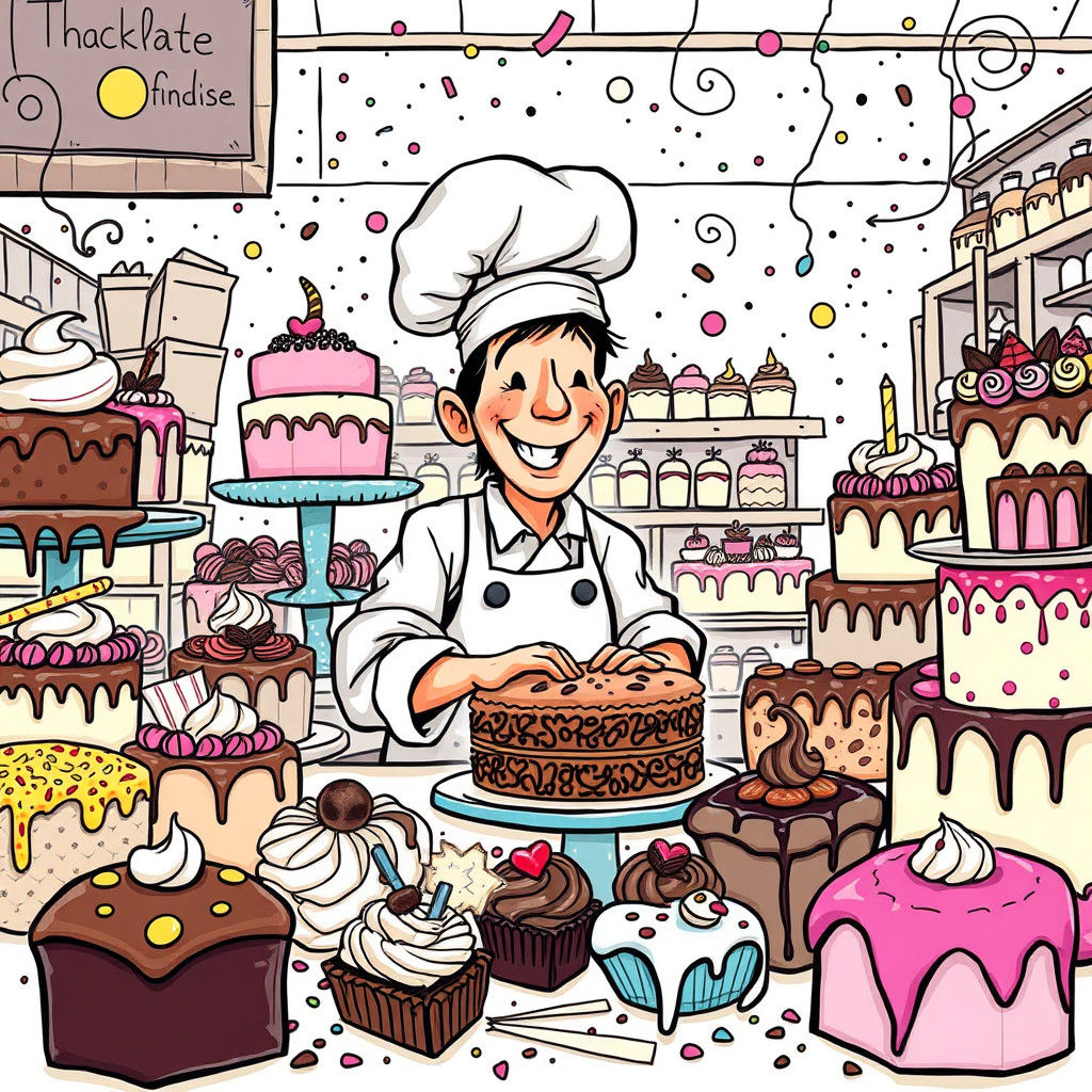 Whimsical Doodle Art of Cheerful Baker With Cakes