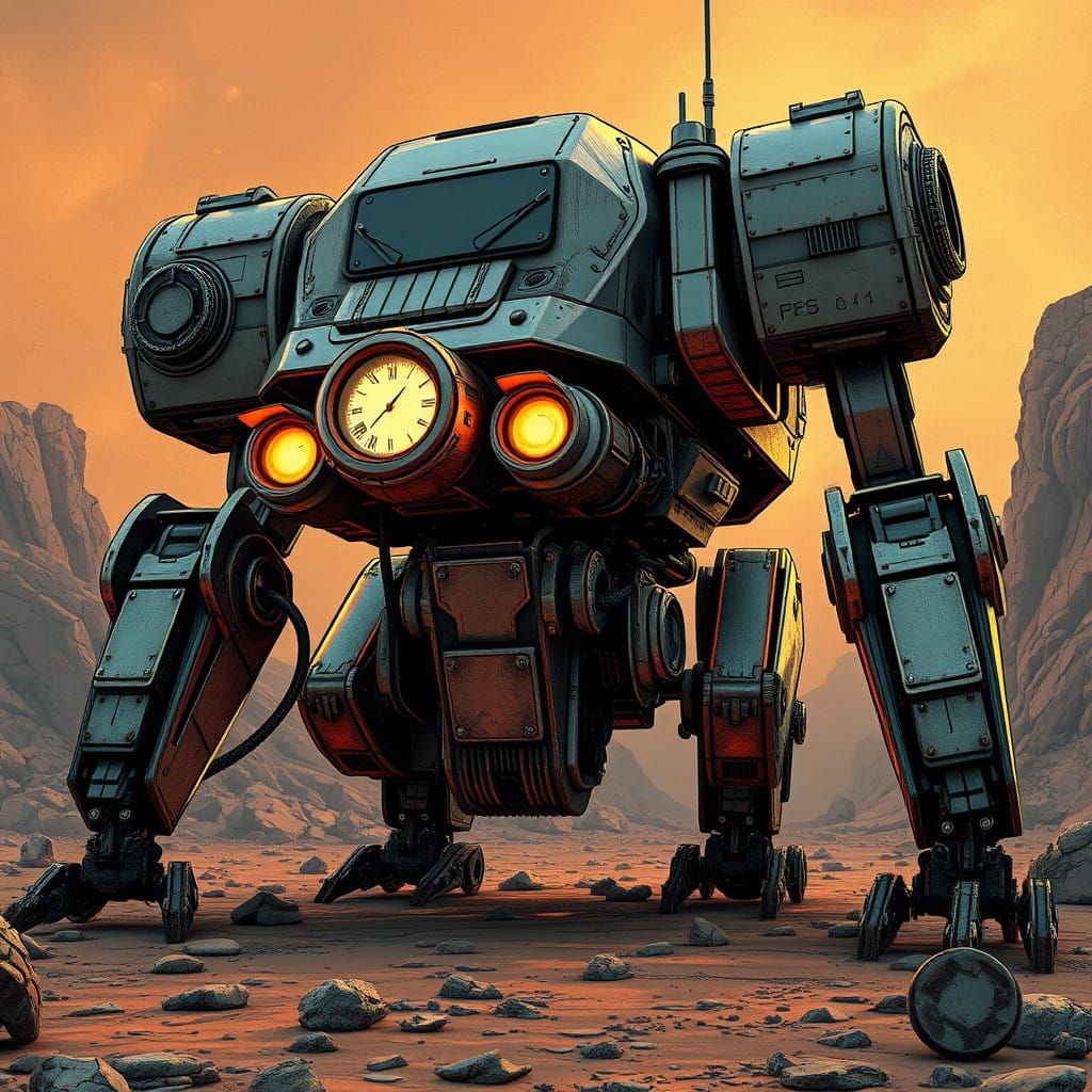 Retro-Futuristic Mech in Neon-Lit Urban Landscape