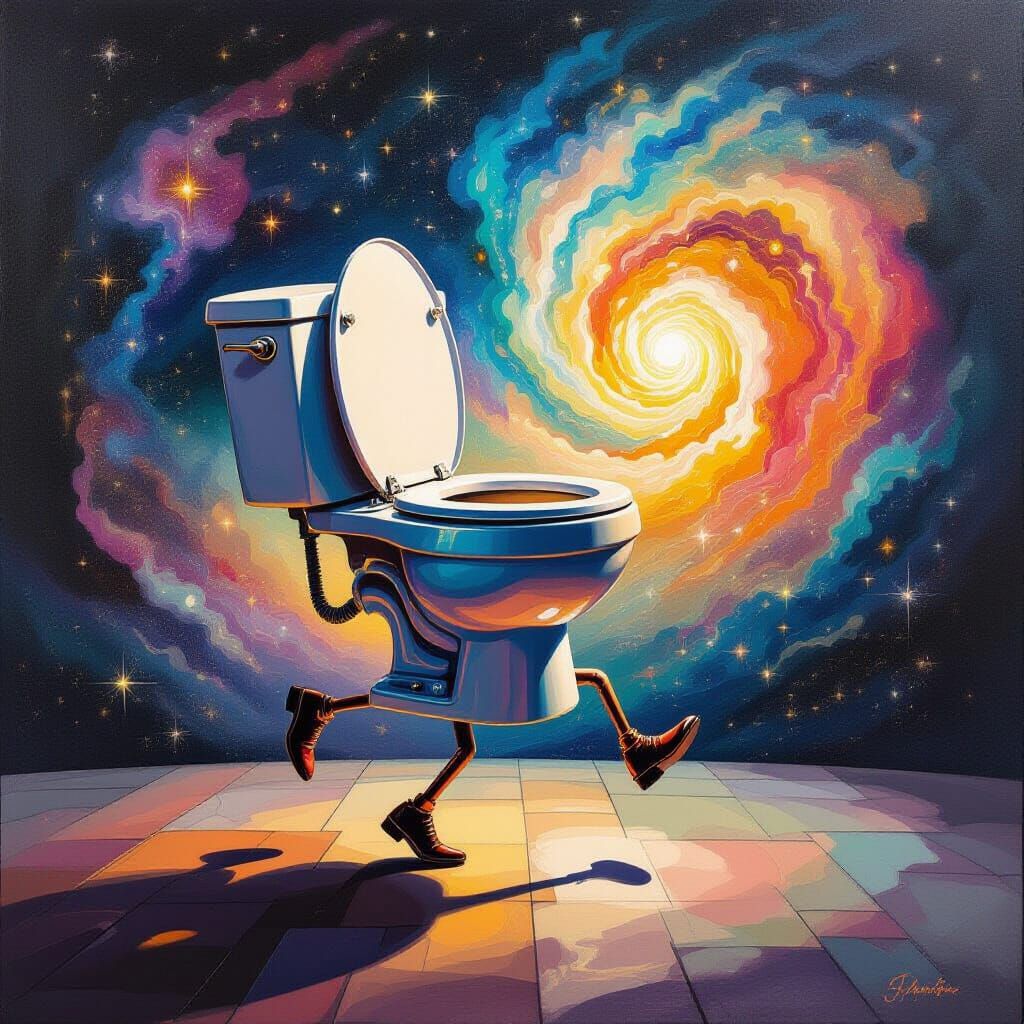 Surrealist Painting of a Dancing Toilet in Cosmic Colors