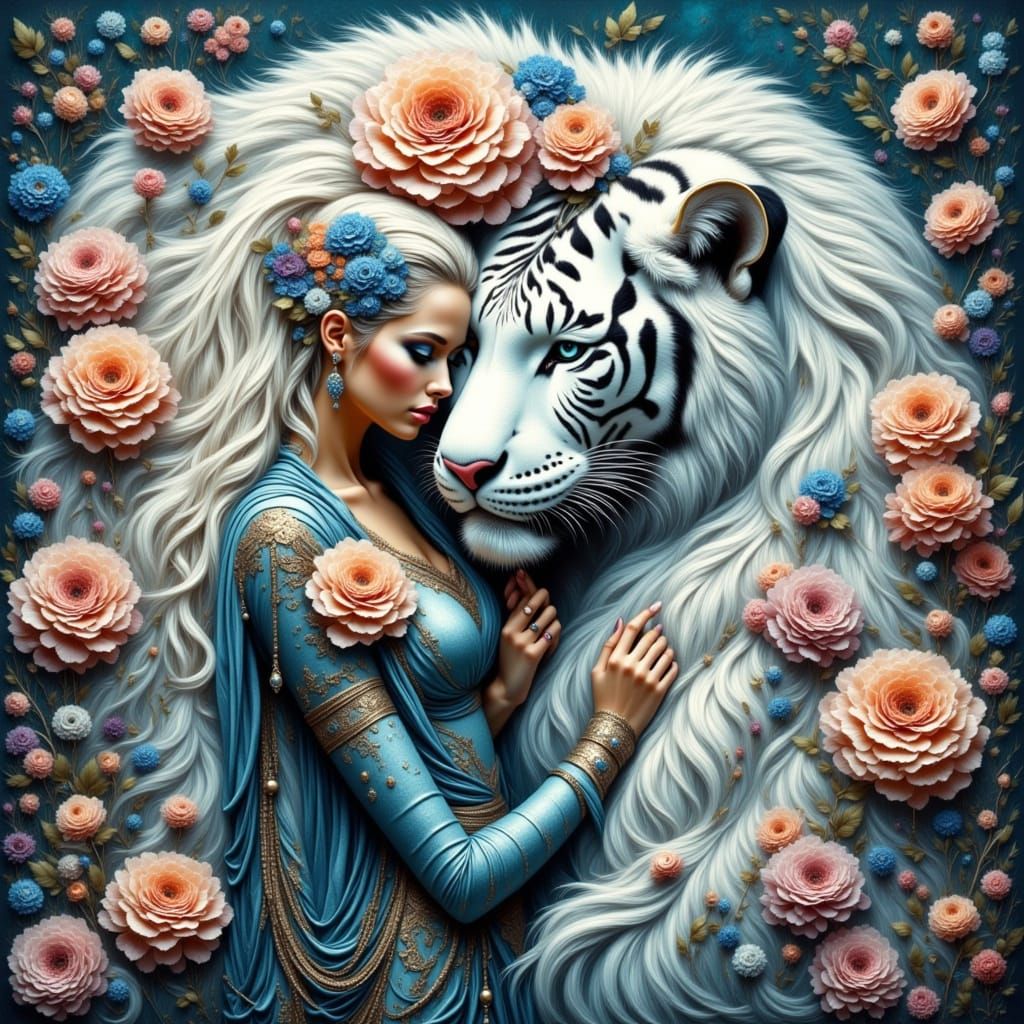 Elf Priestess and White Tiger in Watercolor Impasto