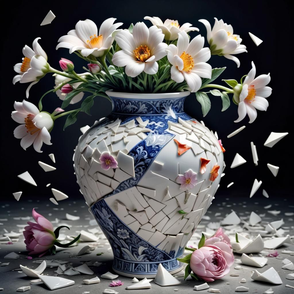 Flowers Bloom from Broken Vase: Hyperrealistic HDR Image