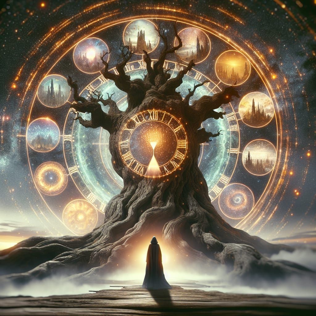 Ancient Tree Double Exposure with Timekeeper Figure