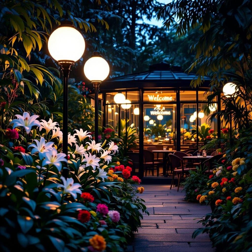Night Garden Cafe with Lily Orchids, Cinematic Lighting