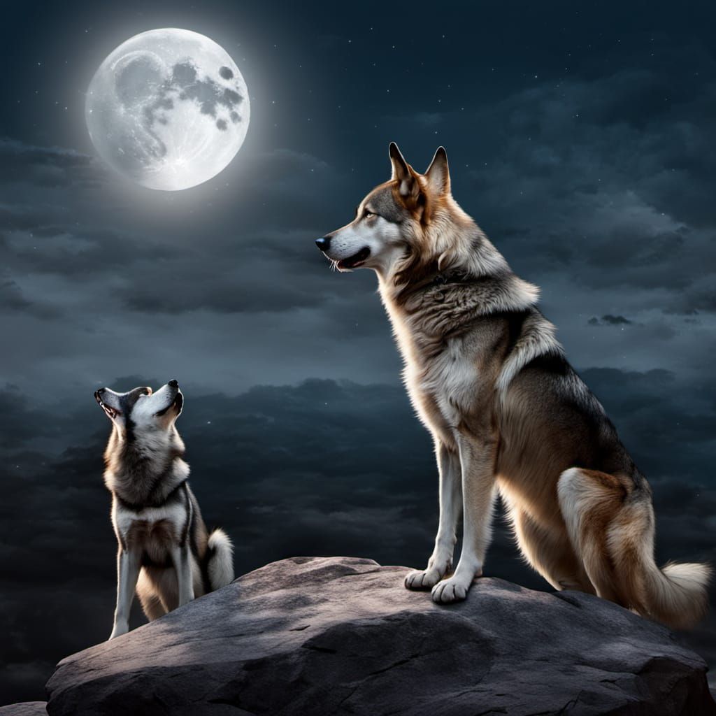 A wolfdog barks at the sky, a girl sits on a rock in front o...