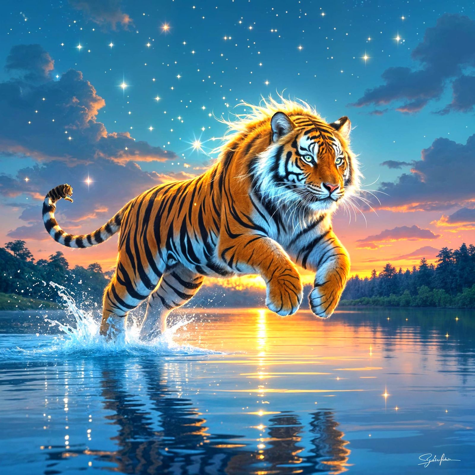 Bioluminescent Tiger Leaping Across Lake, Digital Art