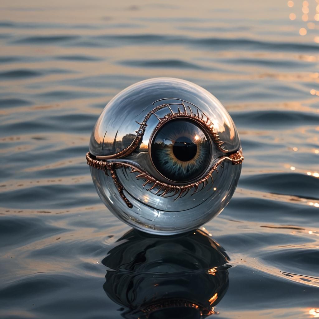 Silver Eyeball Orb Reflecting Sunset Horizon