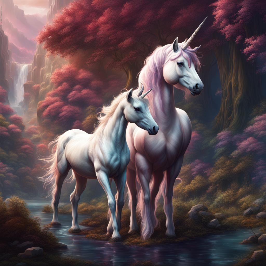 Unicorn and Foal: Detailed Fantasy Art
